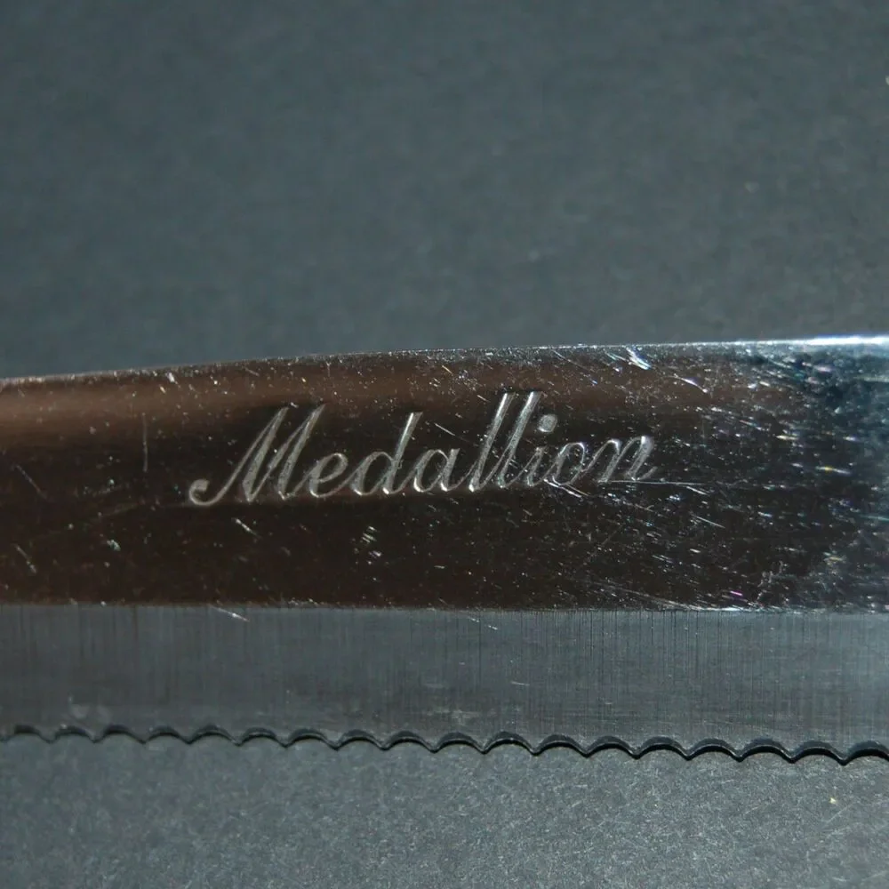 VINTAGE MEDALLION STAINLESS JAPAN KINFE FORK SET OF 5 BROWN WOOD HANDLE 3 RIVETS